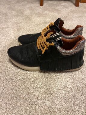 Women’s Black Leather Fringe Sneakers with Brown Accents